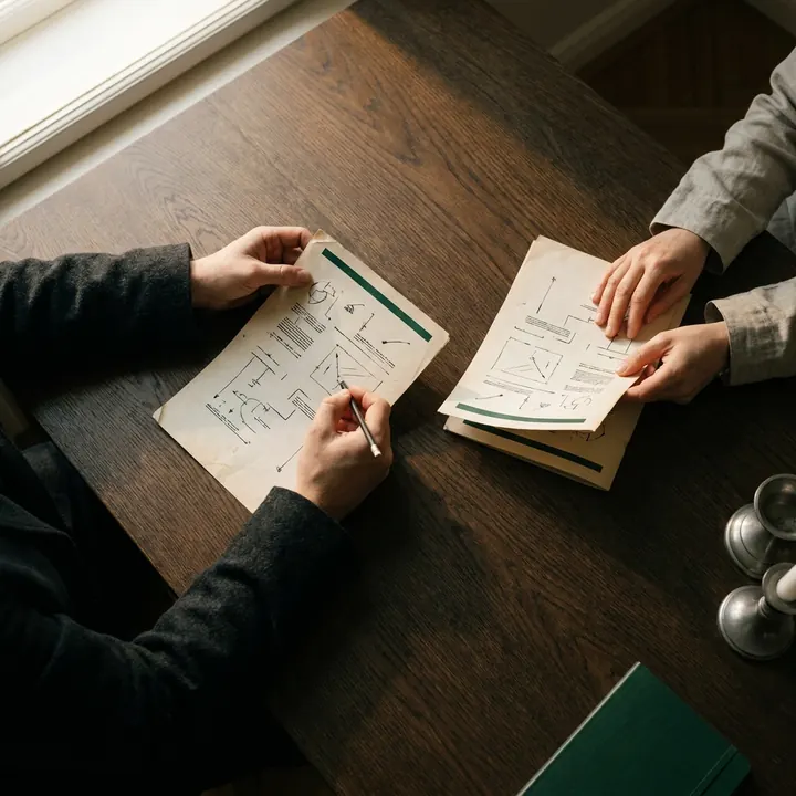 Dos personas revisan documentos anotados sobre una mesa, a la luz de una ventana.