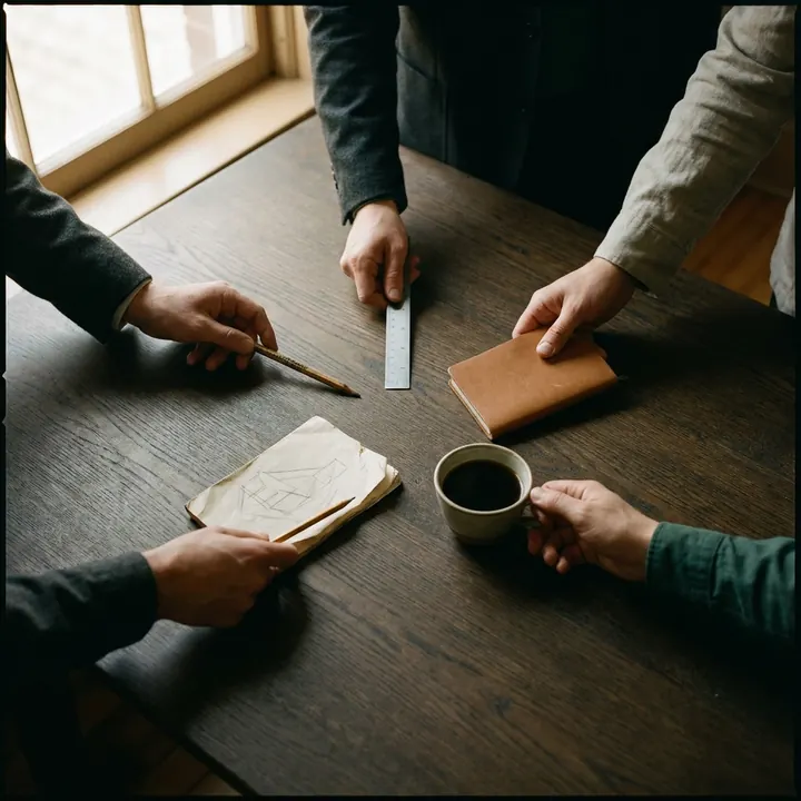 Cuatro manos alrededor de una mesa con una regla, un cuaderno y una taza de café.