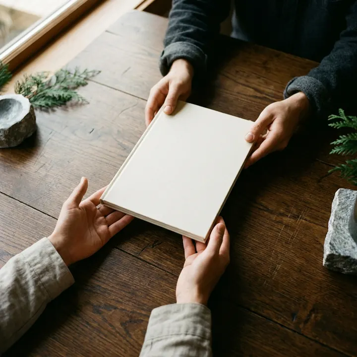 Una persona entrega una carpeta a otra sobre una mesa de roble.