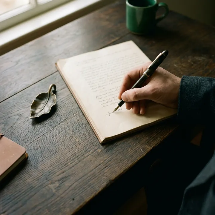 Una mano escribe con estilógrafo en un cuaderno abierto.