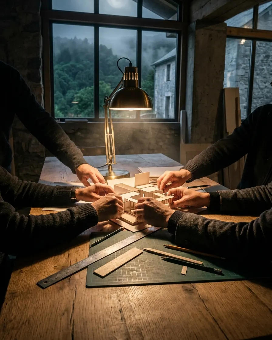 Cuatro personas arman una maqueta sobre una mesa de trabajo, junto a una ventana con niebla.