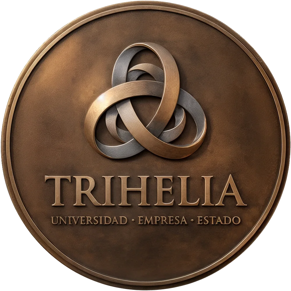 Medallón de bronce de Trihelia: tres hélices entrelazadas y la leyenda Universidad · Empresa · Estado.